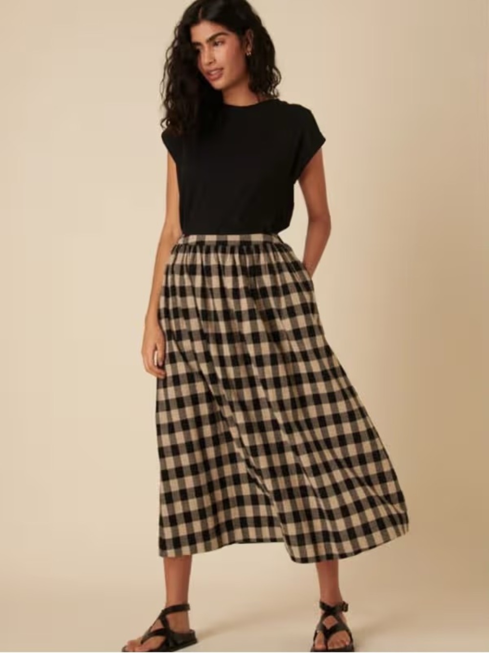 Nobody’s Child Cotton Gingham Midi Skirt in Black and Cream